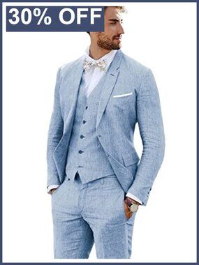 Men's 3 Piece Linen Suit Set Wedding Tuxedo Slim Fit Vest Pants